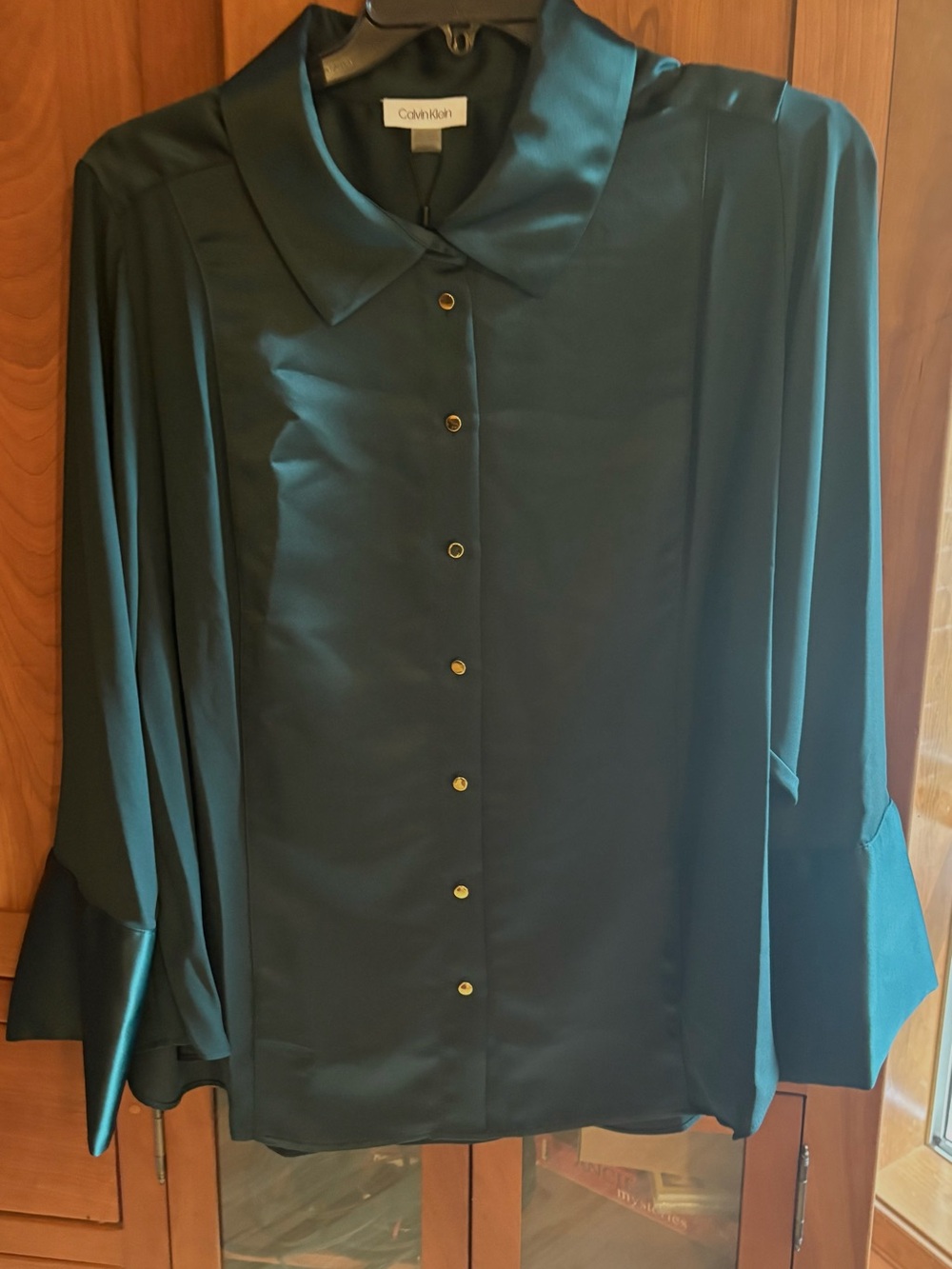 NWT Calvin Klein Women's Dark Green Satin Button-Down Blouse with French Cuffs
